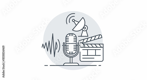 Illustration of audio recording, broadcasting, and film production equipment.