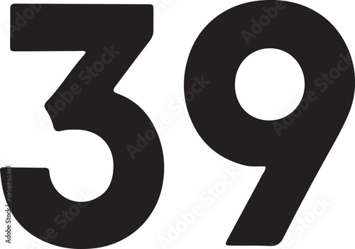 Bold black number thirty nine prominently displayed against a clean white background