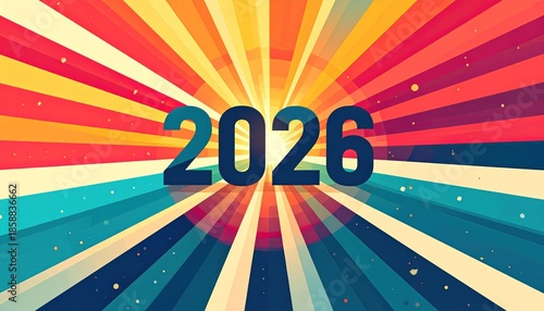 Bold 2026 number on a vibrant, colorful retro sunburst background, symbolizing energy and optimism for the New Year. Dynamic 2026 graphic with radiating stripes.
