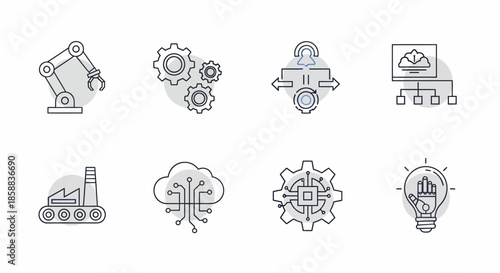 Industrial technology and innovation icons representing automation and digital transformation.