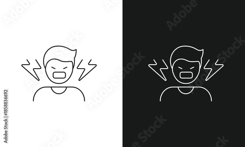 Angry Man Shouting with Lightning Bolts Icon, Minimalist Line Art Vector for Verbal Aggression, Rage, Emotional Stress, and Mental Health Conflict Symbol