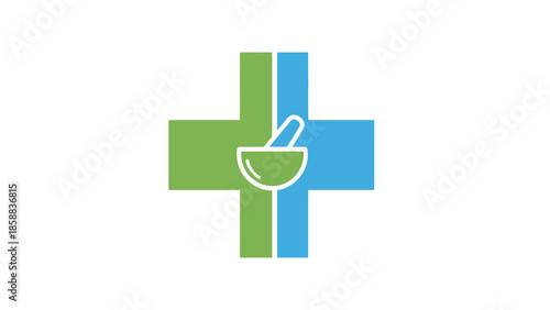 Medical cross symbol with mortar and pestle logo design.