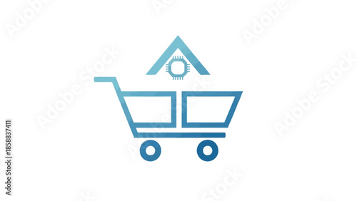 Simple blue shopping cart icon with house symbol above.