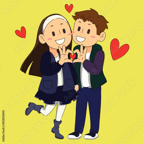 Cheerful Young Students Matching Clothes And Forming Heart Symbols During Celebration Gatherings