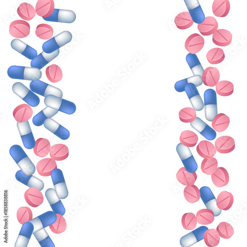 Painkiller pills medical vector illustration. Capsule drugs and tablets isolated elements. Blue white and pink pills, first aid treatment or vitamins. Medicine tablets concept.