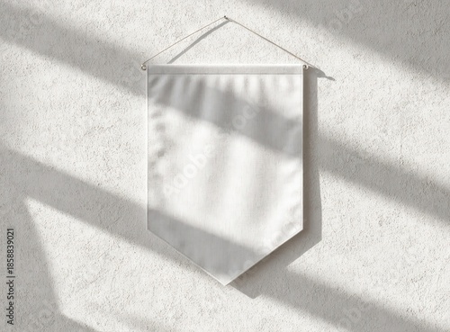 Blank white rectangle pennant mock up, isolated, 3d rendering. Clear penant hanging on wall mockup, front view. Empty flag template