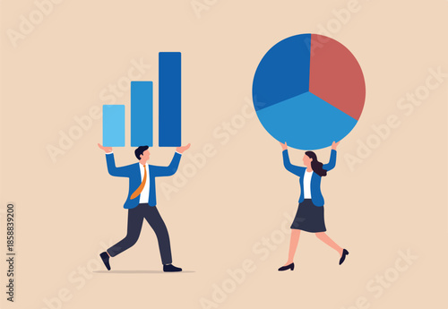 Data driven or data analysis, chart and graph report, analytics, research and optimization, big data or intelligence information, insight concept, business people carrying bar graph and pie chart.