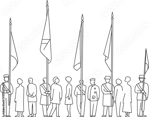 Title: A group of people holding flags in a ceremonial or parade setting