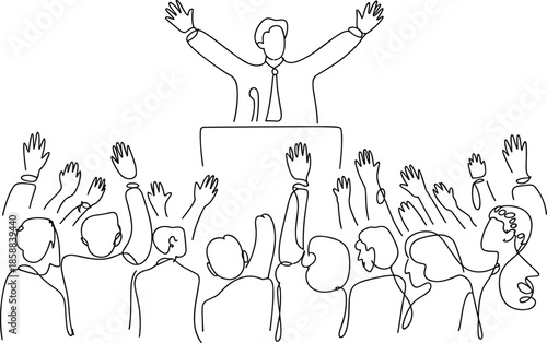 Title: Audience with raised hands and a speaker at a podium in a line