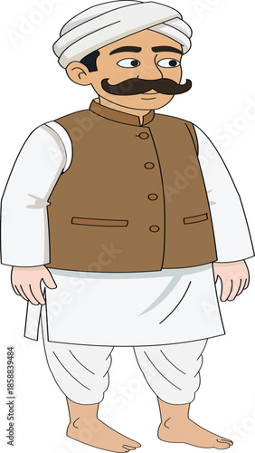 Flat vector illustration of a traditional South Asian man wearing a white turban and brown waistcoat