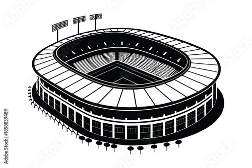 Football stadium silhouette vector illustration, soccer arena top view, black and white sports venue design isolated on white background