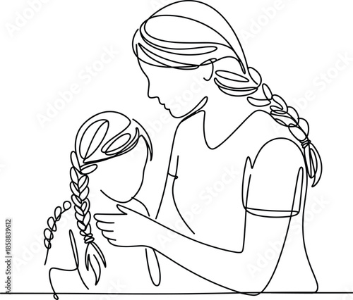 Title: Mother braiding her child's hair in a black and white line