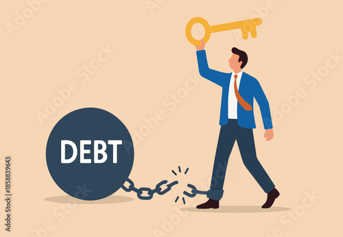 Debt free or freedom for pay off debts, loan or mortgage, solution to solve financial problem, savings or investment to break free, happy businessman holding golden key after unlock debt burden chain.