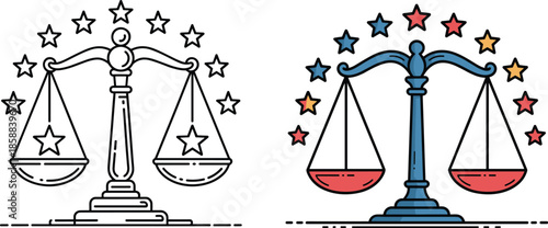 Title: Two illustrated scales with stars and colorful accents on a white background