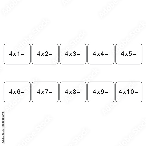 Multiplication and division table of 4. Maths card with an example, drawing. Multiplication Square, vector illustration. Printed products, banner, table for children, schoolchildren. School education.