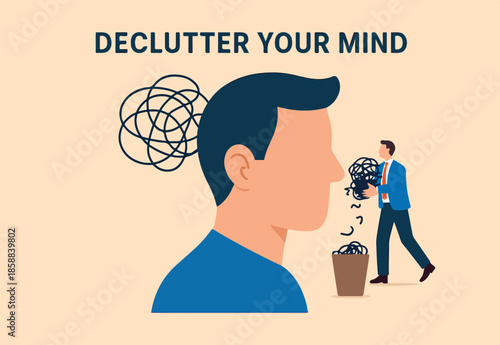 Declutter your mind, clear your brain to regain focus improve creative thinking ability, free up memory concept, ambitious businessman declutter, clean and clear all messy anxiety from his big head