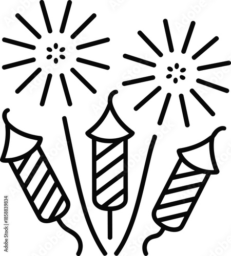 Title: Three sparklers with bright flames and radiating lines in a simple black and white line