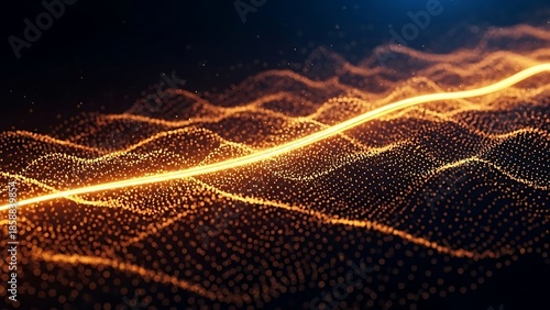 Abstract Gold Digital Particle Wave Background with Glowing Technology Light and Futuristic Data Flow