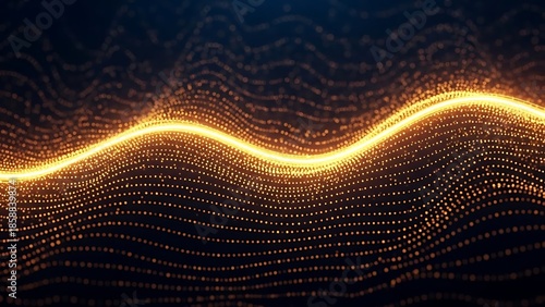 Abstract Gold Digital Particle Wave Background with Glowing Technology Light and Futuristic Data Flow