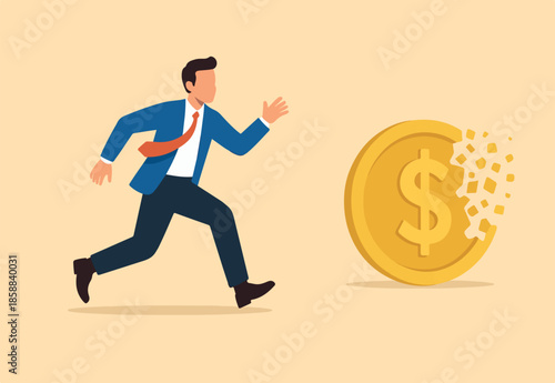 Depreciation, value reduce or drop, losing money from investment or economic recession, inflation or asset decline concept, businessman run away with value decrease dissolve dollar money coin