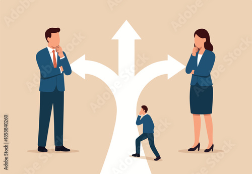 Direction choice, crossroad or decision for career path, choosing path way, challenge or opportunity doubt, determination or tough decision concept, business people thinking on difference career path