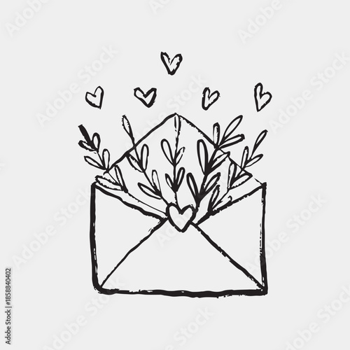 Hand drawn open envelope with hearts and floral branches. Valentines day. Vector sketch illustration in vintage crayon charcoal style