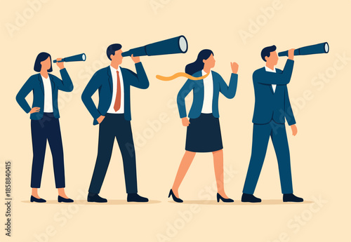 Discover or finding opportunity, searching for new career, job or possibility, finding new job, candidates or insight concept, business people look through spyglass, telescope to see opportunity