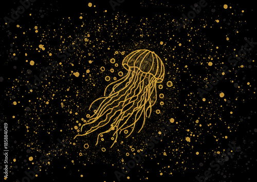 jellyfish in the water, gold and black illustration