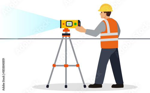 Builder with laser level – construction surveying illustration
