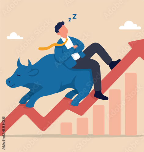 Easy money, passive income earn money while sleeping, get rich quick or success investment, earning from stock market, mutual fund or crypto concept, businessman sleep on bull market rising graph.