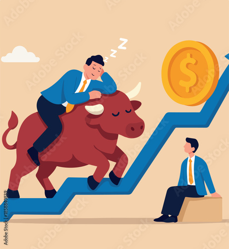 Easy money, passive income earn money while sleeping, get rich quick or success investment, earning from stock market, businessman sleep on bull market rising graph.