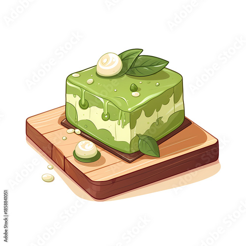 Exquisite matcha cake on wooden board