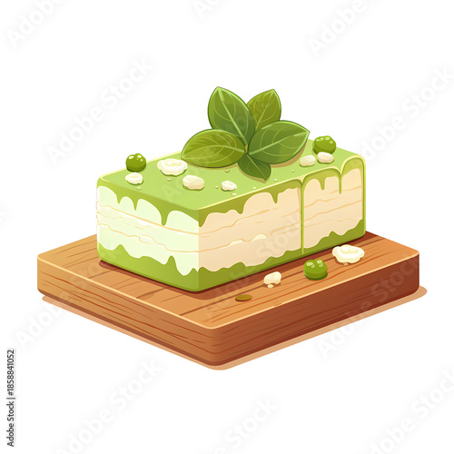Exquisite Matcha Cake on Wood Surface