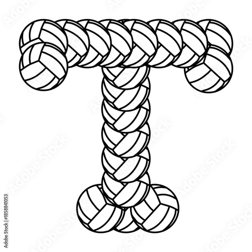Text letter T icon illustrated with braided volleyball rope texture, ideal for typography symbols, UI text indicators, sports interface icons, and creative lettering concepts