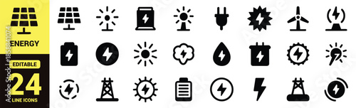 Sustainable Energy Icon Set featuring Solar Panels, Wind Turbines, Battery Storage, Electric Charging, Power Grids, and Green Tech Symbols