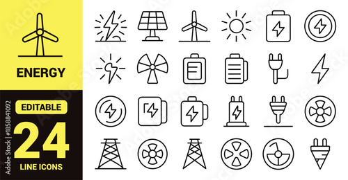Sustainable Energy Icon Set featuring Solar Panels, Wind Turbines, Battery Storage, Electric Charging, Power Grids, and Green Tech Symbols