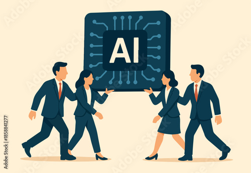 Embrace AI, Artificial Intelligence adoption, user or people who use AI to help and support work success, innovation or revolution to change business concept, business people carry AI processing chip