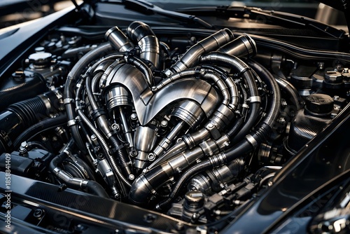 High performance car engine featuring heart shaped mechanical design symbolizing power engineering precision innovation and emotional automotive technology concept