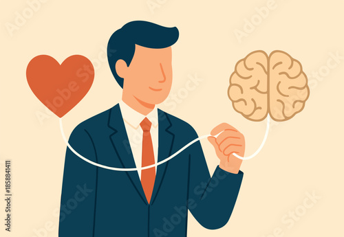 Emotional Intelligence, EI or control feeling and emotion with logical thinking brain, empathy or social skill, self control or balance concept, man connect heart feeling with logical thinking brain.