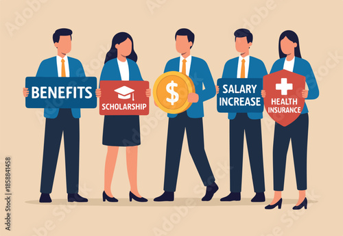 Employee benefits and compensation for staff advantage, reward or bonus payment to motivate employee concept, business people with benefits, scholarship, bonus, salary increase and health insurance