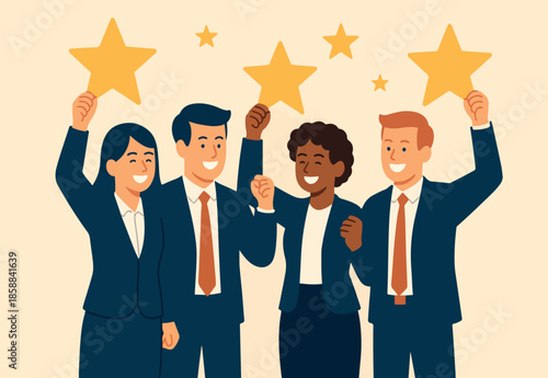 Employee engagement, commitment or motivation to success with company, staff dedication or job satisfaction, productivity or employee recognition, business people employee with stars and happy reward.