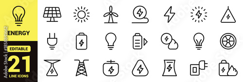 Sustainable Energy Icon Set featuring Solar Panels, Wind Turbines, Battery Storage, Electric Charging, Power Grids, and Green Tech Symbols