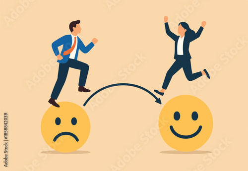  Employee happiness, wellbeing or positive attitude, emotional intelligence to improve success, joyful work or optimistic concept, business people jump from anxiety to delight smiling face emoticon