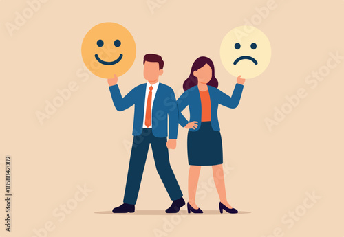 Employee morale, team spirit, work passion or job satisfaction, worker wellbeing or feeling, attitude and motivation concept, businessman and businesswoman team showing emotion happy and sad faces.