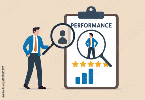 Employee performance evaluation, appraisal or annual review for goals achievement, assessment for rating or feedback concept, businessman manager use magnifier to analyze employee with 5 stars rating.