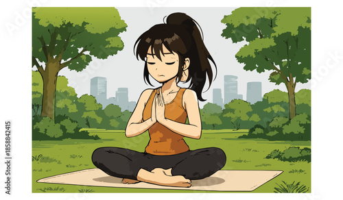 Anime style illustration of a character practicing yoga in a city park, vibrant background