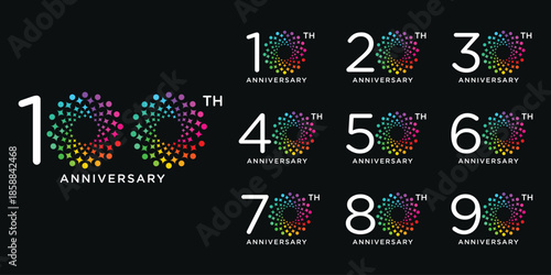 Set of collection 10 to 100 anniversary logo design, firework colorful for celebration happy new year and birthday logo graphic vector template
