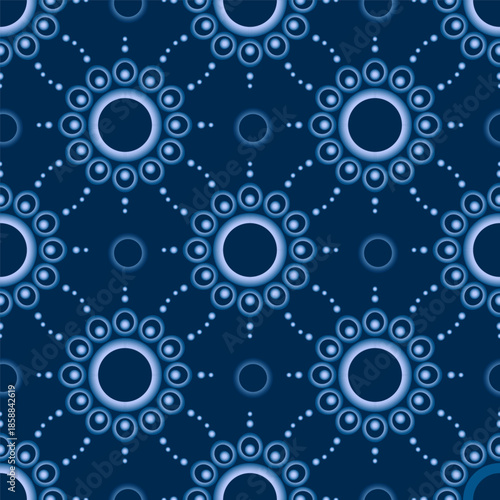 Blue gradient round elements on dark blue background. Geometrical floral seamless pattern. Fantasy dark cold pattern in shades of blue