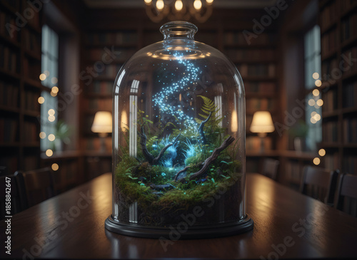Magical Nature Forest Terrarium inside Glass Dome on Wooden Table with Glowing Blue Fantasy Sparkles Swirling around Plants for Mystical Fairytale Decoration and Biology Botany