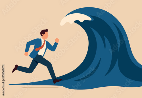 Escape from business crisis, recession or risk, adversity or challenge to survive danger, uncertainty or vulnerability, run away from trapped, hopeless concept, businessman escape from danger wave.